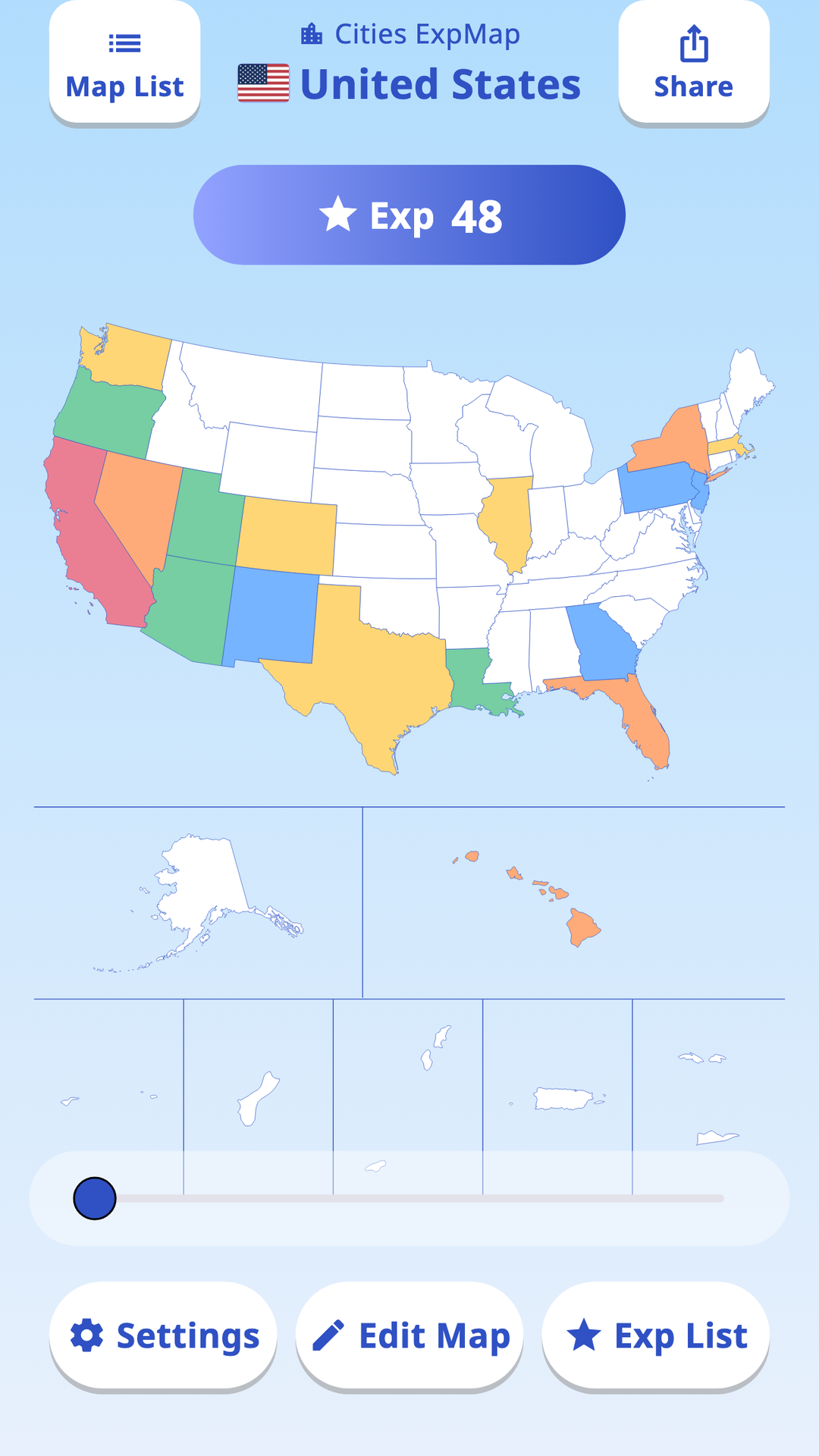 A US map in ExpMap with states colored by experience level
