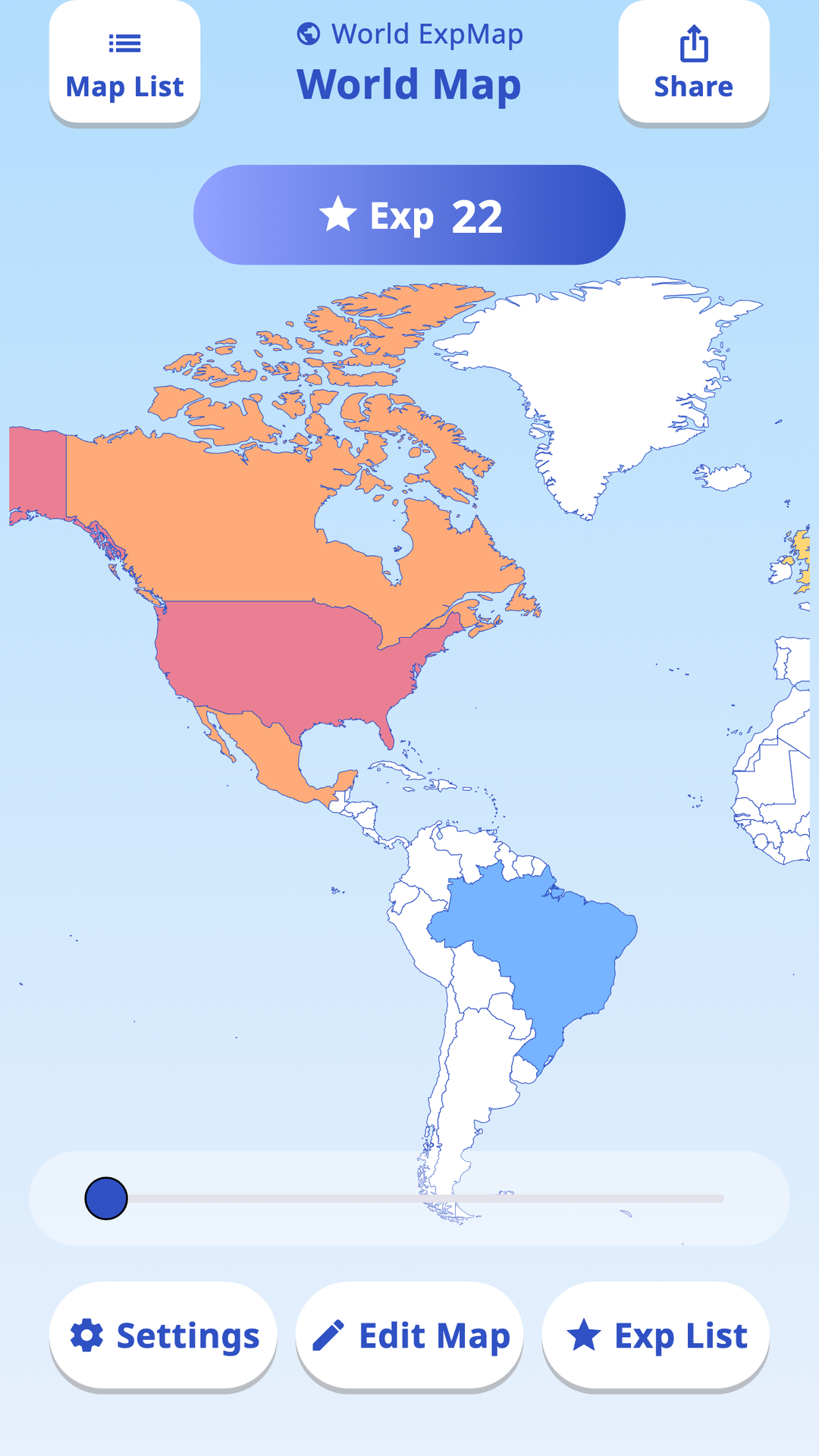 ExpMap showing a color-coded world travel map and experience score