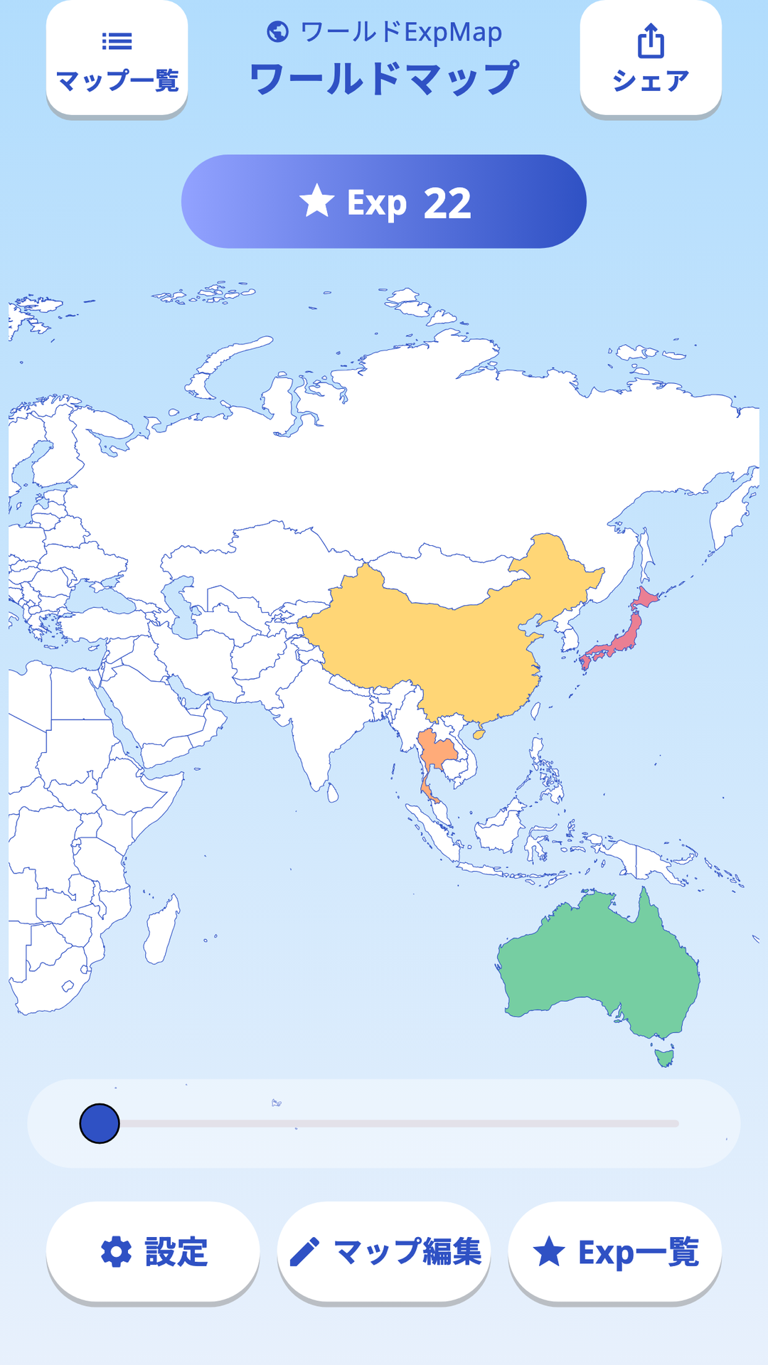 ExpMap showing a color-coded world travel map and experience score